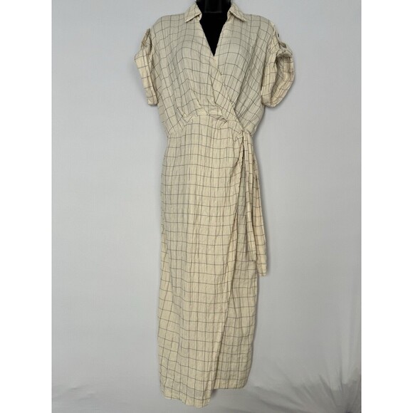 Zara Dress Womens XS Cream Maxi Wrap Short Sleeve Cotton Seersucker Windowpane - Picture 1 of 4
